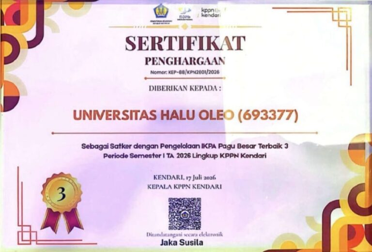 UHO RAIH PENGHARGAAN PERINGKAT KETIGA SEBAGAI SATKER DENGAN PENGELOLAAN IKPA PAGU BESAR DARI KPPN KENDARI